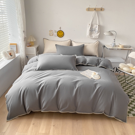 91家纺网 家纺一手货源 找家纺 莱茵2024新款A类全棉纯棉40s色织水洗棉条纹贝壳边日系四件套-水洗棉贝壳边灰