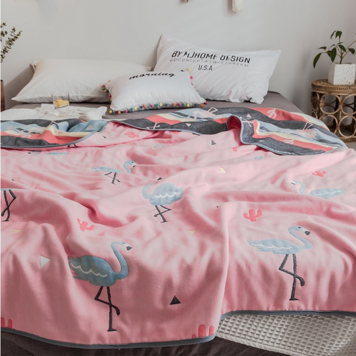 91家纺网 家纺一手货源 找家纺 朴尔2024经典六层纱布全棉毛巾被系列-朴尔经典款常年备货 幸福鸟粉