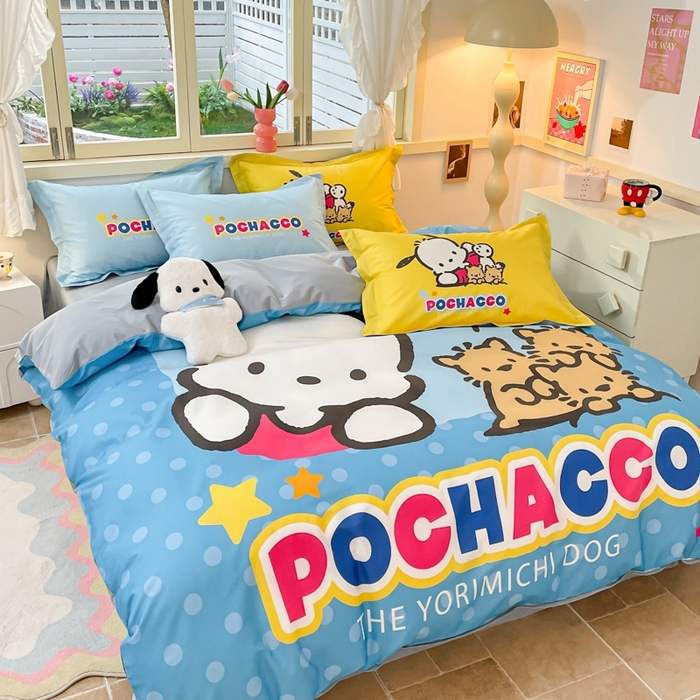 91家纺网 家纺一手货源 找家纺 孩子王（原鼎盛） 2025新款三丽鸥系列全棉活性大版印花卡通学生四件套 波点帕恰狗