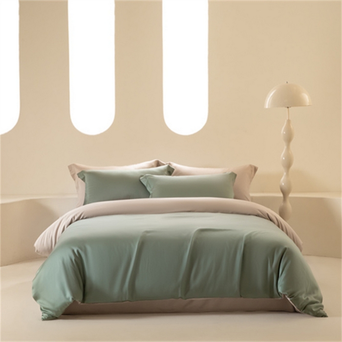 91家纺网 家纺一手货源 找家纺 涵宸 2024新款兰精天丝棉纯色四件套 四件套-赛琳绿+奶茶杏