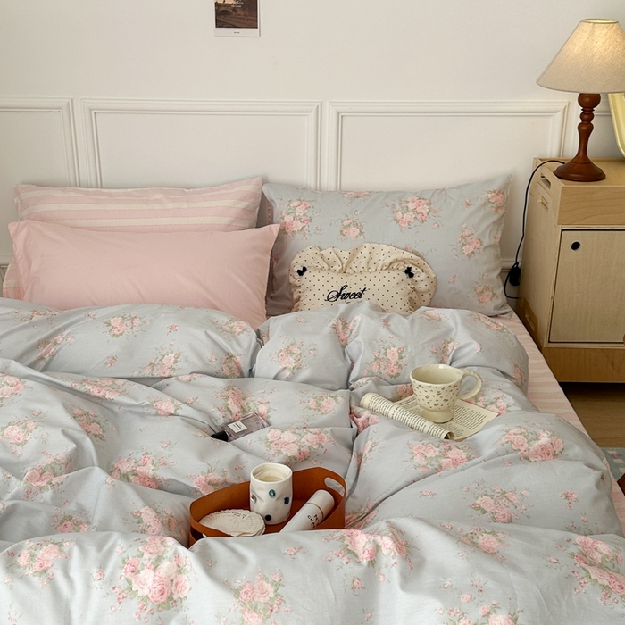 91家纺网 家纺一手货源 找家纺 昔可家纺 2024韩式碎花四件套 复古粉玫瑰