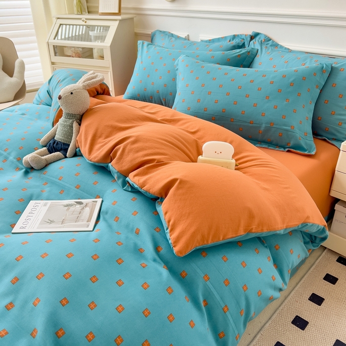 91家纺网 家纺一手货源 找家纺 宝士康家纺 2024新款水洗棉麻双层纱四件套系列  朴素蓝