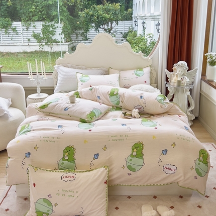 91家纺网 家纺一手货源 找家纺 （总）洁柔供应链 2024新款印花水洗双层纱贝壳绣四件套    直播爆款