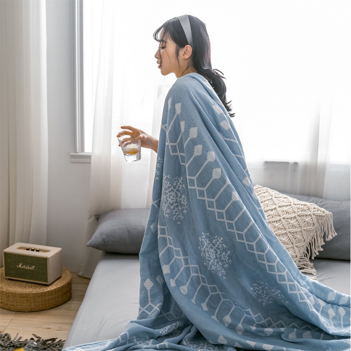 91家纺网 家纺一手货源 找家纺 朴尔家纺-毛巾被 2024新款三层水洗棉全棉纱布毛巾被 印第安-冰蓝