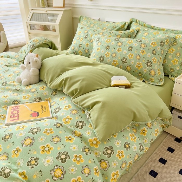 91家纺网 家纺一手货源 找家纺 宝士康家纺 2024新款水洗棉麻双层纱四件套系列  花开半夏