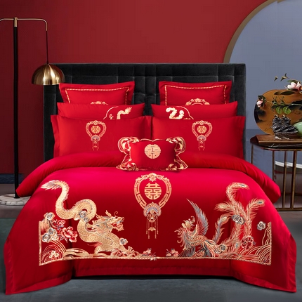91家纺网 家纺一手货源 找家纺 （总）慕她家纺 慕她婚庆长绒棉四件套大红色全棉纯棉刺绣结婚床上用品