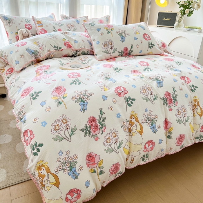 91家纺网 家纺一手货源 找家纺 洁柔供应链 2024新款印花水洗双层纱贝壳绣四件套    直播爆款 玫瑰花