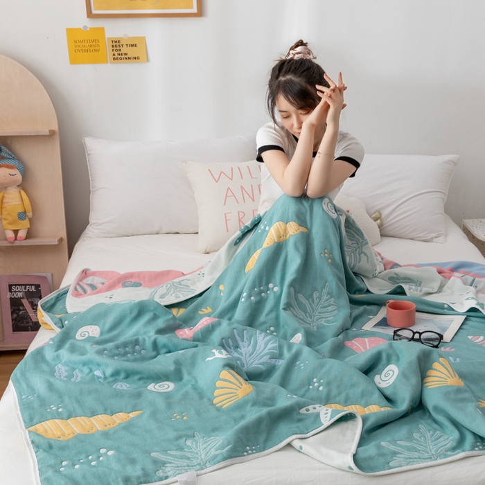 91家纺网 家纺一手货源 找家纺 朴尔家纺-毛巾被 2024新款卡漫风格全棉六层纱毛巾被 海底世界-绿