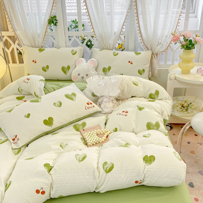 91家纺网 家纺一手货源 找家纺 牛牛家纺 牛牛  2024新款泡泡棉小清新四件套(1) 绿色爱心