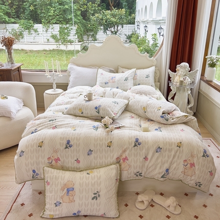 91家纺网 家纺一手货源 找家纺 （总）洁柔供应链 2024新款印花水洗双层纱贝壳绣四件套    直播爆款