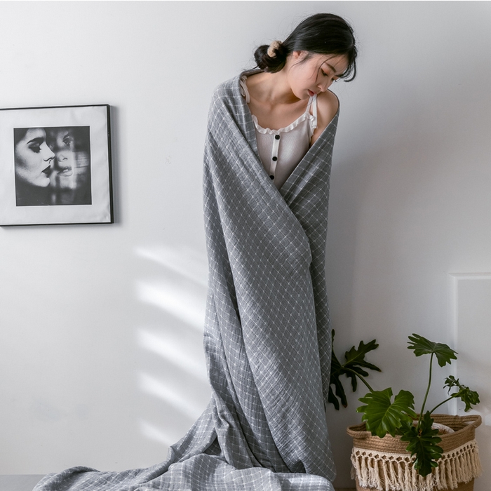 91家纺网 家纺一手货源 找家纺 朴尔家纺-毛巾被 2024新款三层水洗棉全棉纱布毛巾被 丁格-灰