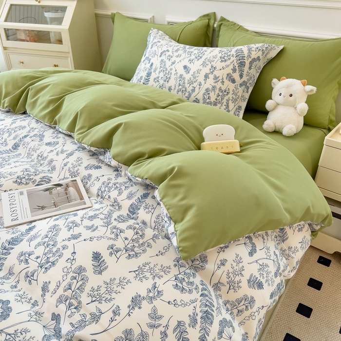 91家纺网 家纺一手货源 找家纺 宝士康家纺 2024新款水洗棉麻双层纱四件套系列  含羞草