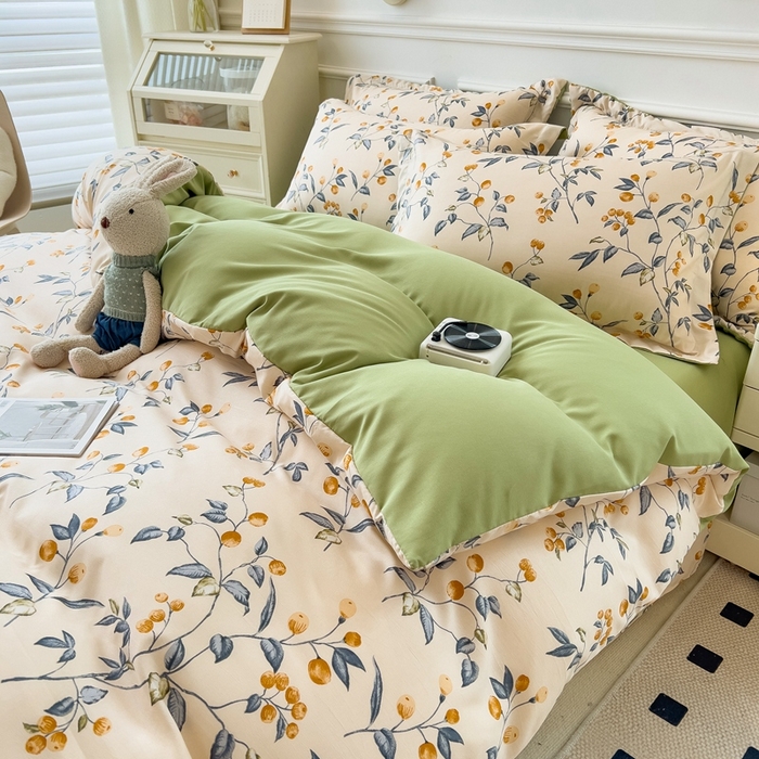 91家纺网 家纺一手货源 找家纺 宝士康家纺 2024新款水洗棉麻双层纱四件套系列  金桔