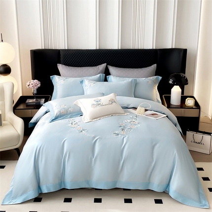 91家纺网 家纺一手货源 找家纺 美娘阁 2025新款双股天丝棉居家款四件套-兰亭序 兰亭序-天空蓝