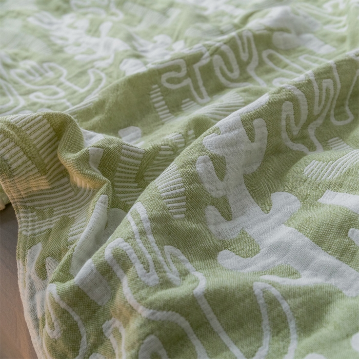 91家纺网 家纺一手货源 找家纺 朴尔家纺-毛巾被 2024新款三层水洗棉全棉纱布毛巾被 仙人掌-绿