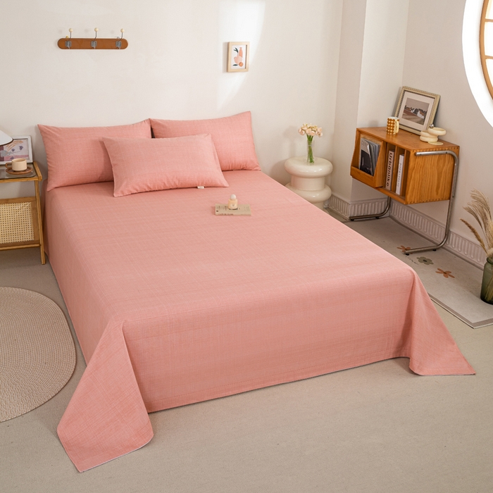 91家纺网 家纺一手货源 找家纺 九沐良品 新款全棉无印老粗布单品床单+三件套 樱花（粉）