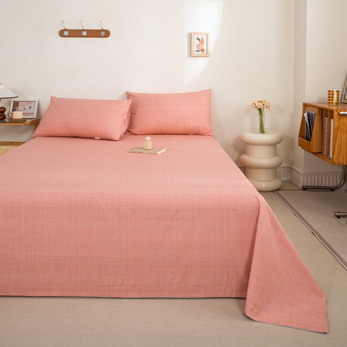 91家纺网 家纺一手货源 找家纺 九沐良品 新款全棉无印老粗布单品床单+三件套 樱花（粉）