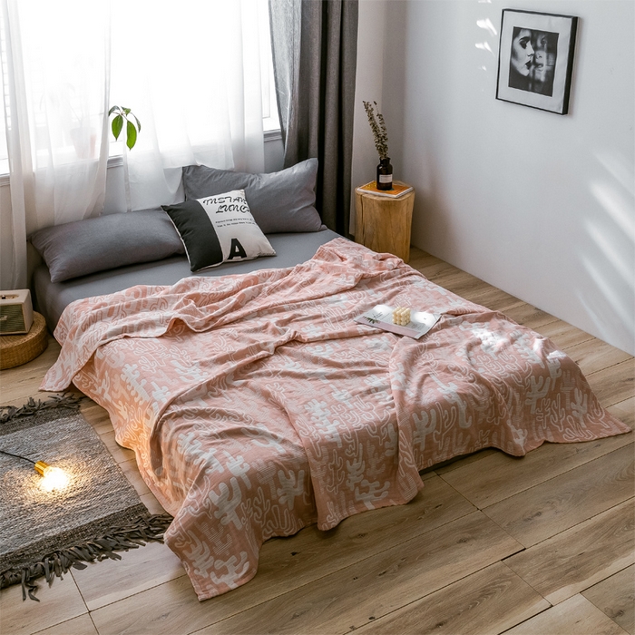 91家纺网 家纺一手货源 找家纺 朴尔家纺-毛巾被 2024新款三层水洗棉全棉纱布毛巾被 仙人掌-粉