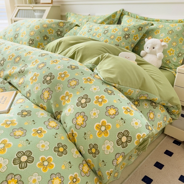 91家纺网 家纺一手货源 找家纺 宝士康家纺 2024新款水洗棉麻双层纱四件套系列  花开半夏