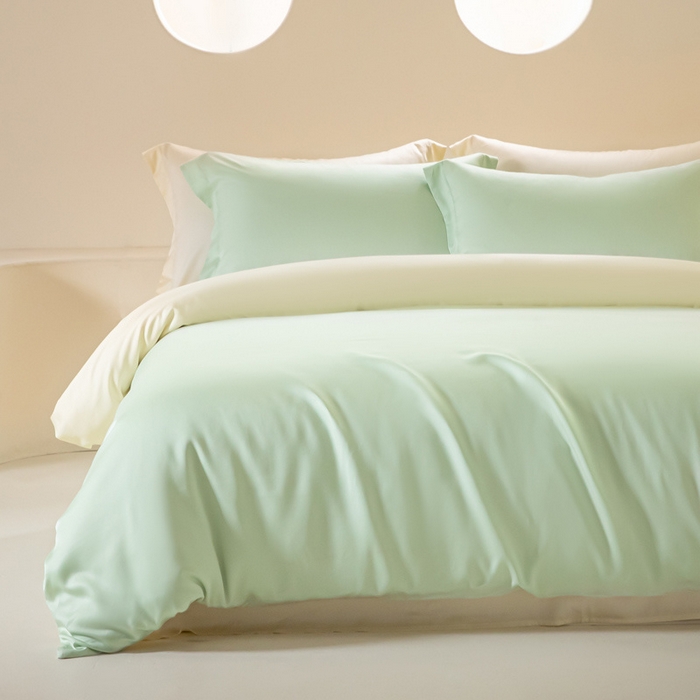 91家纺网 家纺一手货源 找家纺 涵宸 2024新款兰精天丝棉纯色四件套 四件套-柠檬绿+象牙白