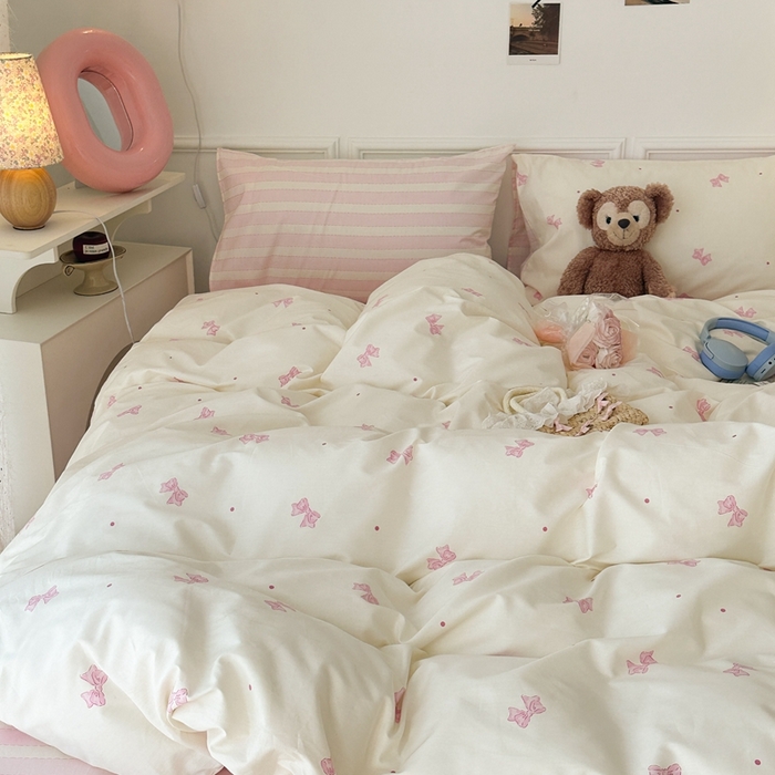 91家纺网 家纺一手货源 找家纺 昔可家纺 2024心动蝴蝶结系列四件套 点点粉蝴蝶结