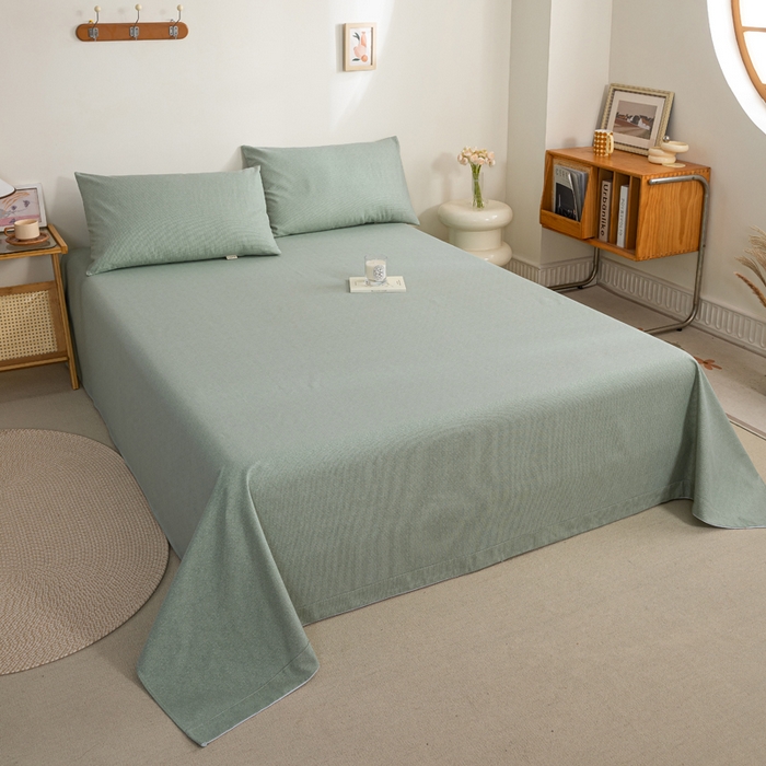 91家纺网 家纺一手货源 找家纺 九沐良品 新款全棉无印老粗布单品床单+三件套 墨子（绿）