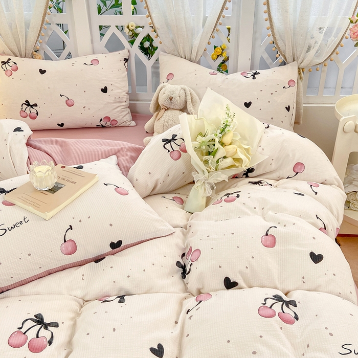 91家纺网 家纺一手货源 找家纺 牛牛家纺 牛牛  2024新款泡泡棉小清新四件套(1) 浪漫樱桃