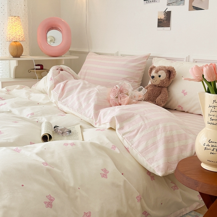 91家纺网 家纺一手货源 找家纺 昔可家纺 2024心动蝴蝶结系列四件套 点点粉蝴蝶结