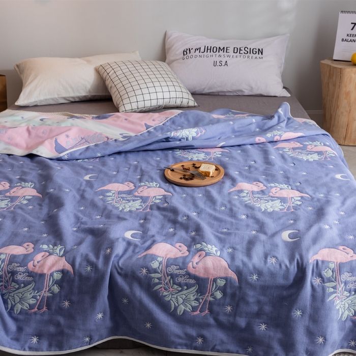 91家纺网 家纺一手货源 找家纺 朴尔2024经典六层纱布全棉毛巾被系列-朴尔经典款常年备货 呦呦鸟蓝