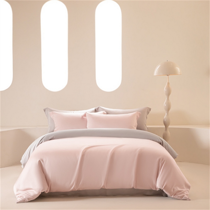 91家纺网 家纺一手货源 找家纺 涵宸 2024新款兰精天丝棉纯色四件套 四件套-玫瑰粉+时尚灰