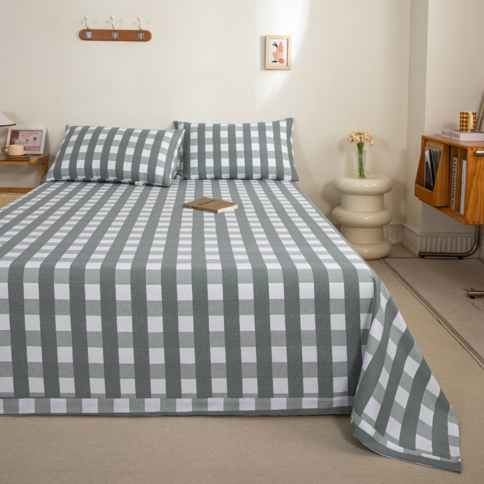 91家纺网 家纺一手货源 找家纺 九沐良品 新款全棉无印老粗布单品床单+三件套 灰中格