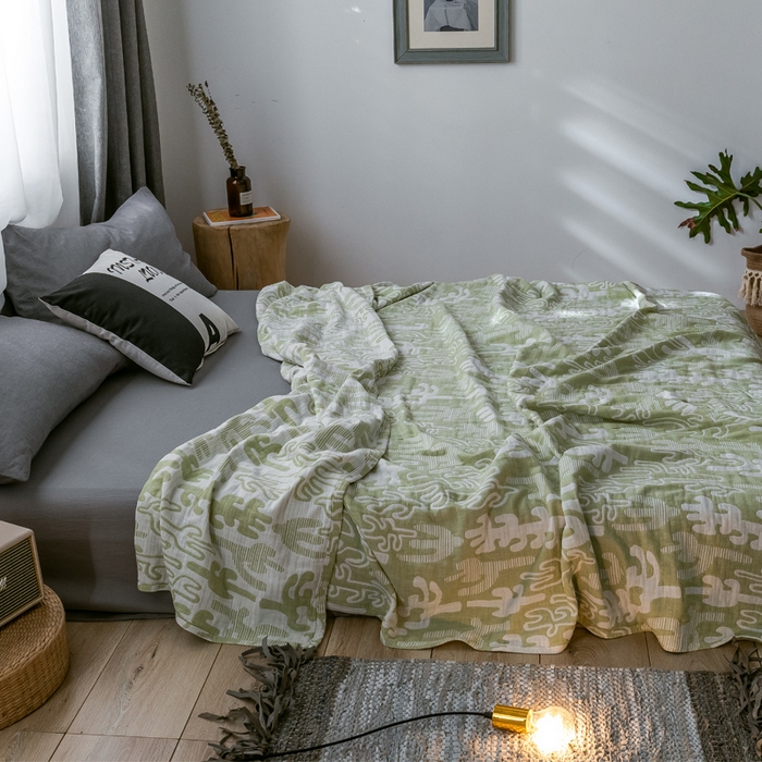 91家纺网 家纺一手货源 找家纺 朴尔家纺-毛巾被 2024新款三层水洗棉全棉纱布毛巾被 仙人掌-绿