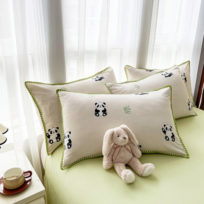 91家纺网 家纺一手货源 找家纺 洁柔供应链 2024新款印花水洗双层纱贝壳绣四件套    直播爆款 大熊猫