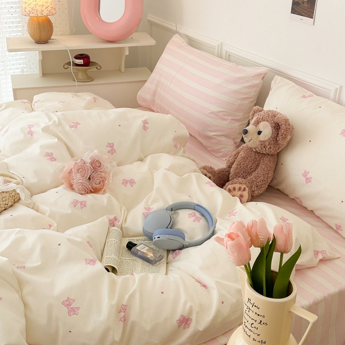 91家纺网 家纺一手货源 找家纺 昔可家纺 2024心动蝴蝶结系列四件套 点点粉蝴蝶结