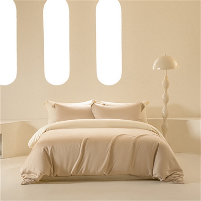 91家纺网 家纺一手货源 找家纺 涵宸 2024新款兰精天丝棉纯色四件套 四件套-奶茶杏+象牙白