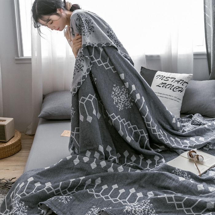 91家纺网 家纺一手货源 找家纺 朴尔家纺-毛巾被 2024新款三层水洗棉全棉纱布毛巾被 印第安-灰