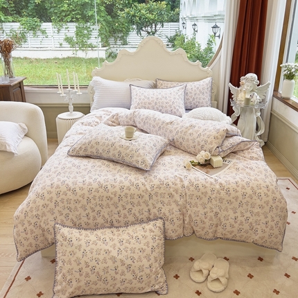 91家纺网 家纺一手货源 找家纺 （总）洁柔供应链 2024新款印花水洗双层纱贝壳绣四件套    直播爆款