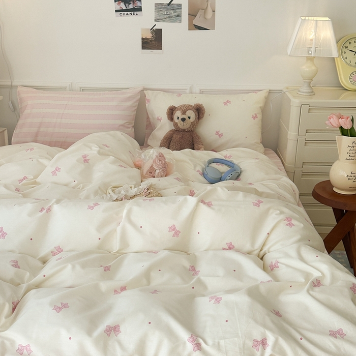 91家纺网 家纺一手货源 找家纺 昔可家纺 2024心动蝴蝶结系列四件套 点点粉蝴蝶结