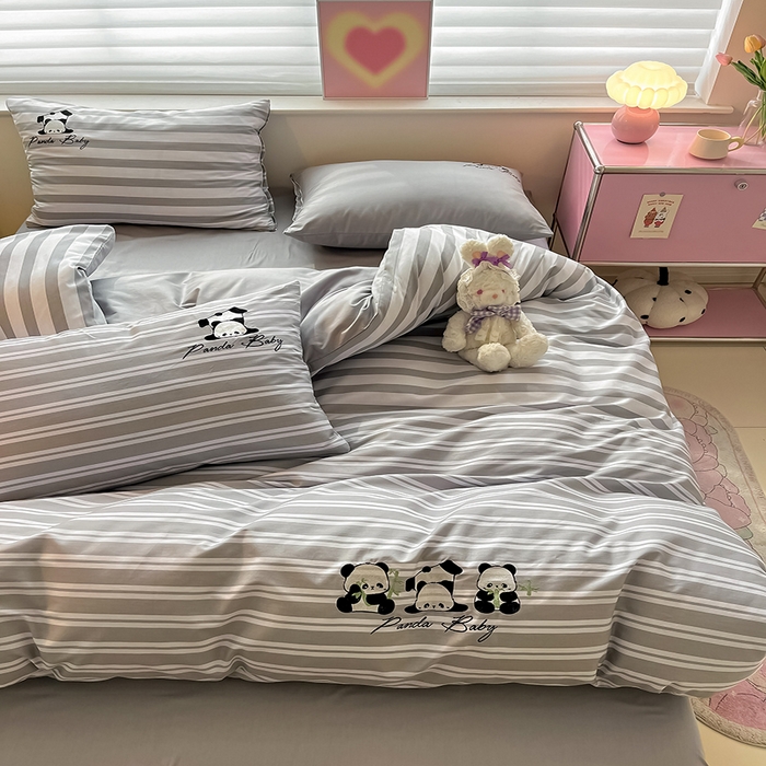 91家纺网 家纺一手货源 找家纺 2024蜜柚新品直播电商全棉13372ins博主风刺绣四件套 条纹熊猫