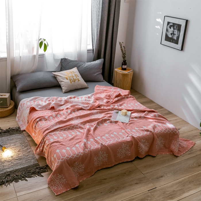 91家纺网 家纺一手货源 找家纺 朴尔家纺-毛巾被 2024新款三层水洗棉全棉纱布毛巾被 印第安-粉