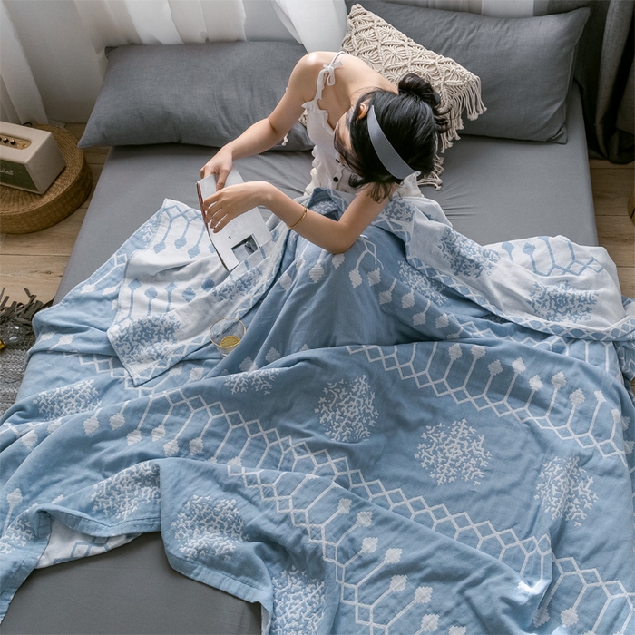 91家纺网 家纺一手货源 找家纺 朴尔家纺-毛巾被 2024新款三层水洗棉全棉纱布毛巾被 印第安-冰蓝