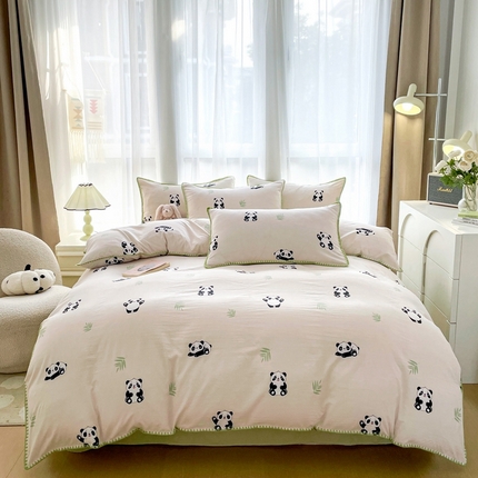 91家纺网 家纺一手货源 找家纺 （总）洁柔供应链 2024新款印花水洗双层纱贝壳绣四件套    直播爆款