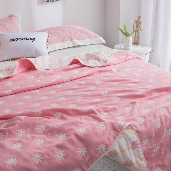 91家纺网 家纺一手货源 找家纺 朴尔2024经典六层纱布全棉毛巾被系列-朴尔经典款常年备货 小雏菊-粉