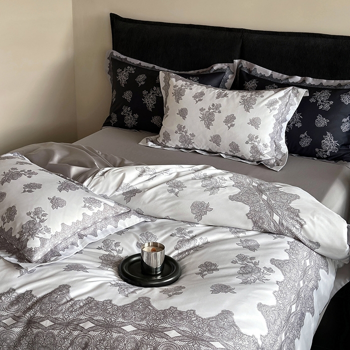 91家纺网 家纺一手货源 找家纺 鹿班家居 2024新款100支长绒棉数码印花四件套-暗影玫瑰 暗影玫瑰-白