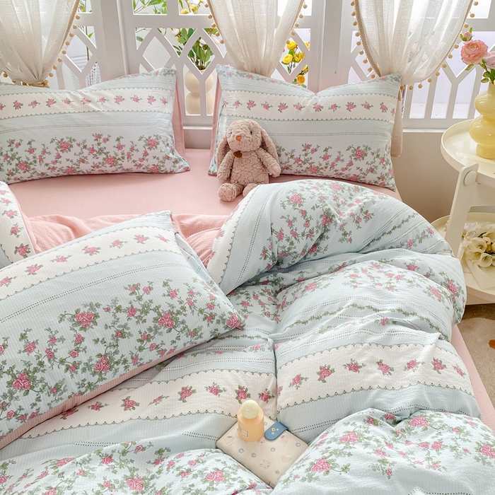 91家纺网 家纺一手货源 找家纺 牛牛家纺 牛牛  2024新款泡泡棉小清新四件套(1) 野玫瑰