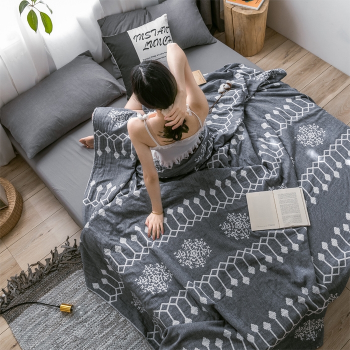 91家纺网 家纺一手货源 找家纺 朴尔家纺-毛巾被 2024新款三层水洗棉全棉纱布毛巾被 印第安-灰