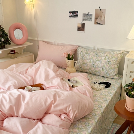 91家纺网 家纺一手货源 找家纺 昔可家纺 2024新款韩式混搭系列四件套 粉色布蕾