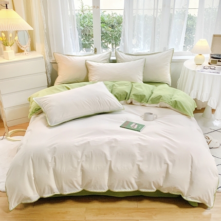 91家纺网 家纺一手货源 找家纺 （总）莱茵2024新款A类全棉纯棉40s色织水洗棉条纹贝壳边日系四件套