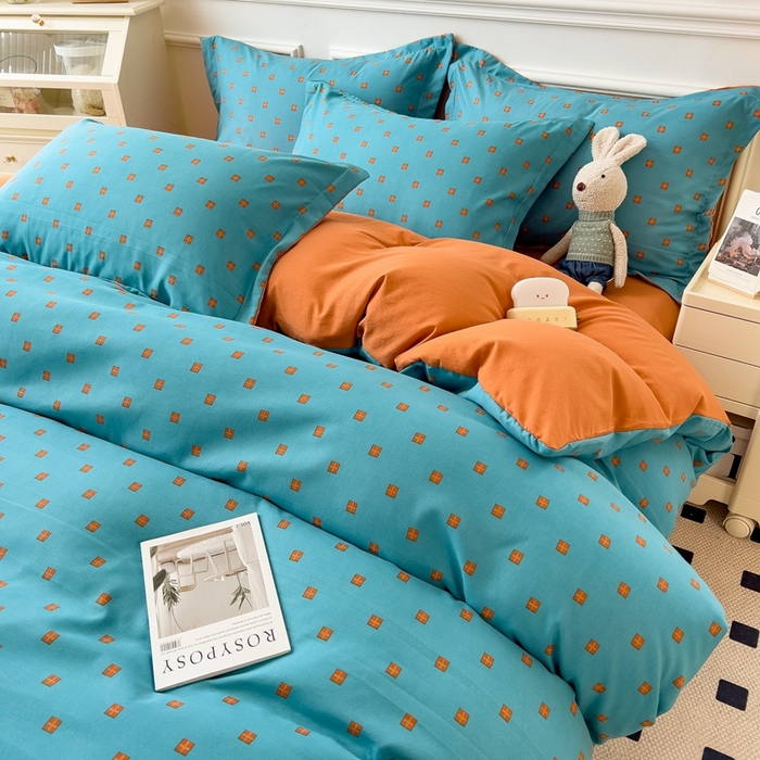 91家纺网 家纺一手货源 找家纺 宝士康家纺 2024新款水洗棉麻双层纱四件套系列  朴素蓝