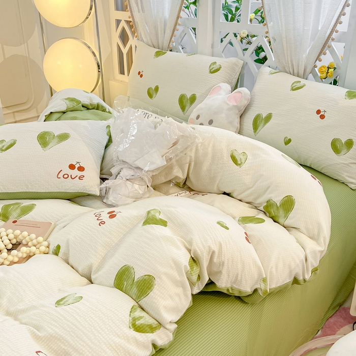91家纺网 家纺一手货源 找家纺 牛牛家纺 牛牛  2024新款泡泡棉小清新四件套(1) 绿色爱心